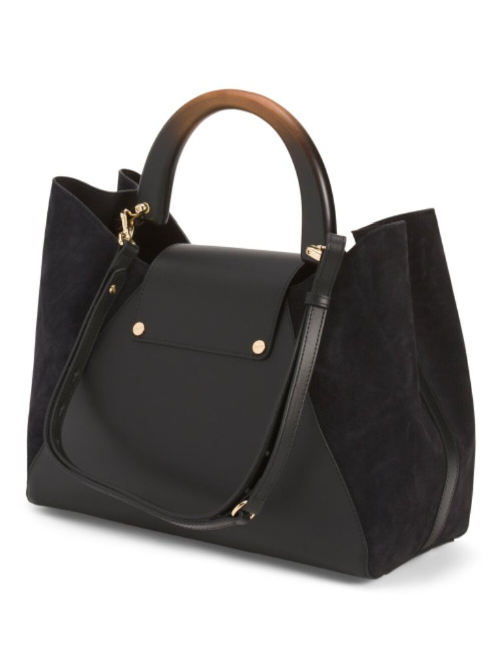 CLAUDIA Made In Italy Leather Large Suede Side Wood Handle Satchel - Picture 3 of 4
